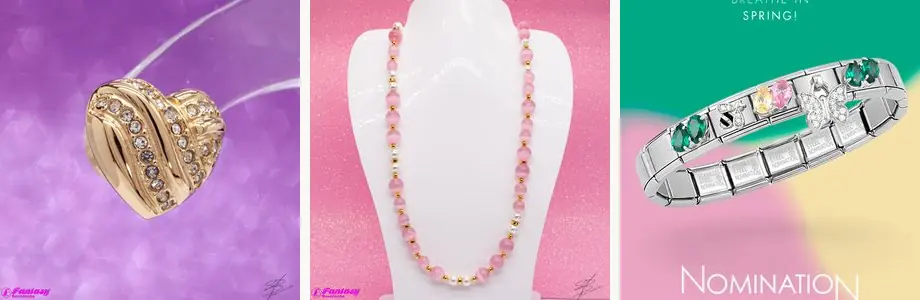 Tre pezzi di gioielleria del catalogo: un ciondolo a cuore Morellato, una collana Sovrani e un bracciale componibile Nomination.