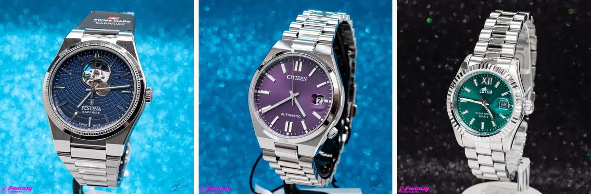 Tre orologi del catalogo Fantasy: un Festina automatico blu, un Citizen con quadrante viola e un Lotus verde.