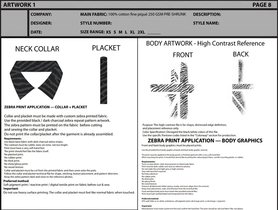 Tech pack pagina 8: artwork zebrato per colletto, fessino e grafiche del corpo.